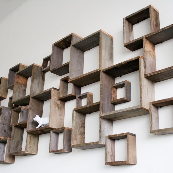 Shadow box wall installation - barn wood shelves