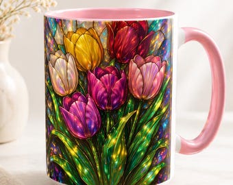Stained Glass Tulip Mug Floral Coffee Cup Spring Flower Mug Botanical Gift for Her Flower Lover Mug