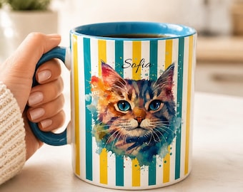 Personalized Cat Mug Custom Name Cat Lover Gift Aesthetic Watercolor Kitten Coffee Mug Pet Mom Gift