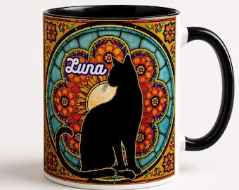 Personalized Black Cat Mug Custom Name Cat Lover Gift Stained Glass Cat Mug Aesthetic Coffee Cup Cat Mom Gift