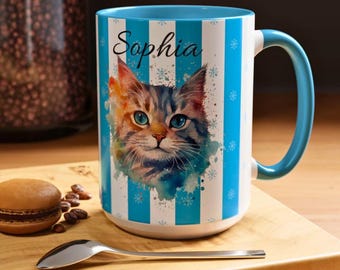Personalized Cat Mug Custom Name Cat Lover Gift Cat Mom Mug Watercolor Kitten Coffee Cup Gift for Her