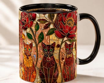 Stained Glass Cat Mug Floral Mosaic Coffee Cup Red Flower Design Cat Lover Gift Aesthetic Art Pet Mom Present