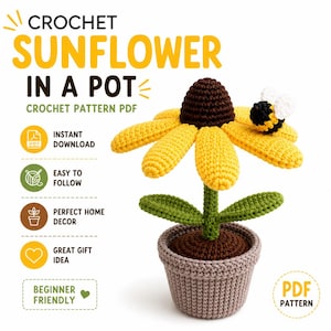 Puede incluir: Un girasol de ganchillo en una maceta con una pequeña abeja en un pétalo. El texto dice CROCHET SUNFLOWER IN A POT CROCHET PATTERN PDF, INSTANT DOWNLOAD, EASY TO FOLLOW, PERFECT HOME DECOR, GREAT GIFT IDEA, BEGINNER FRIENDLY, PDF PATTERN.