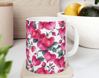 Pink Floral Coffee Mug | Watercolor Heart Design, Ceramic Tea Cup | Floral Gift | 11oz & 15oz
