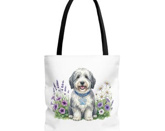 Floral Old English Sheepdog Tote Bag, Watercolor Pet Portrait