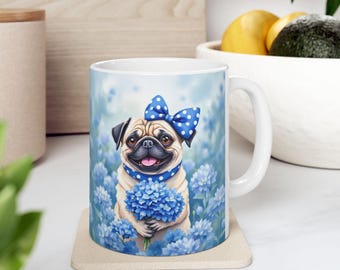 Pug Floral Mug, Watercolor Dog Art, Blue Hydrangea Pug Coffee Cup (11oz/15oz)