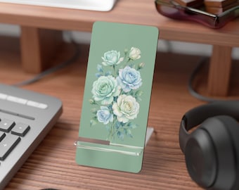 Watercolor Blue Rose Phone Stand, Sage Green Floral Desk Decor