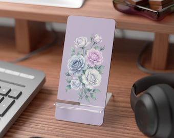Watercolor Purple Rose Phone Stand, Pastel Floral Desk Decor, Gift for Her