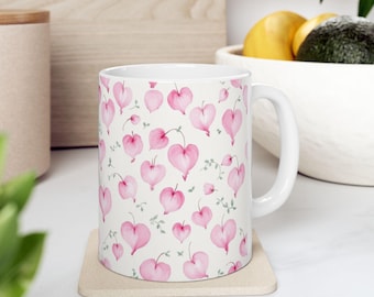 Pink Heart Floral Coffee Mug |  Ceramic Tea Cup | Floral Gift | 11oz & 15oz