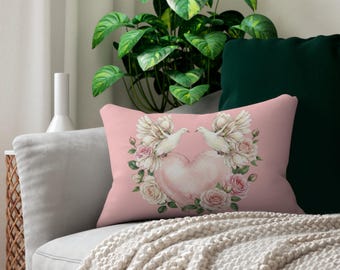 Watercolor Floral Heart Lumbar Pillow | Rose Dove Heart Cushion | 20"x14"