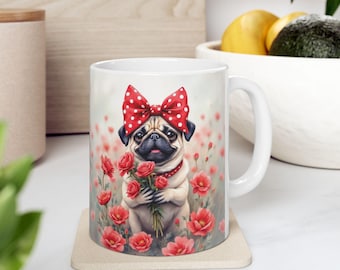 Pug Floral Mug, Watercolor Dog Art Coffee Cup, Red Roses, Red Bow (11oz & 15oz)