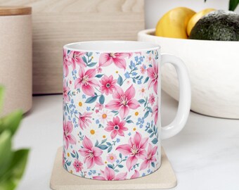 Pink Lily Floral Ceramic Mug, Watercolor Botanical Coffee Cup | Floral Gift | 11oz & 15oz