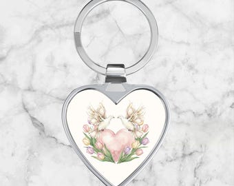 Tulip Watercolor Heart Dove Keychain | Stainless Steel Love & Peace Keyring | Gift Keepsake