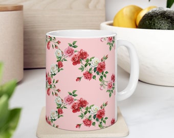 Pink Rose Watercolor Ceramic Mug, Shabby Chic Floral Coffee Cup