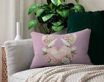 Watercolor Floral Heart Lumbar Pillow | Peony Dove Heart Cushion | 20"x14"
