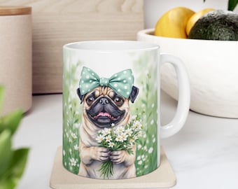 Watercolor Pug Mug, Green Bow, White Flowers, Ceramic Coffee Cup (11oz/15oz)