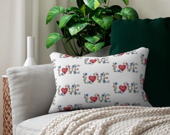 Blue LOVE Lumbar Pillow, Watercolor Heart Cushion 20"x14"