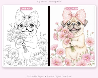 Pug Floral Coloring Book, Dog Pages, Watercolor Style, 7 Pages (Digital Download)