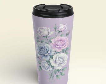 Purple and Blue Rose Travel Mug: 15oz Watercolor Floral Tumbler