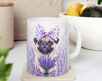 Watercolor Pug Mug, Purple Bow Lavender Art, Ceramic Coffee Cup (11oz/15oz)