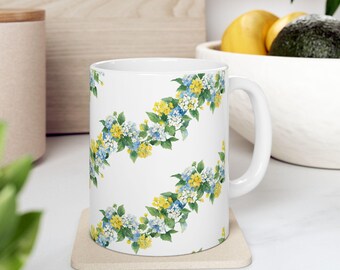 Watercolor Wildflower Mug, Blue Yellow Floral Coffee Cup, Botanical Art