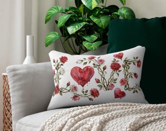 Floral Heart Lumbar Pillow, Red LOVE Design, Romantic Home Decor 20"x14"
