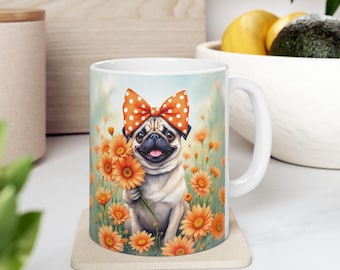 Watercolor Pug Mug, Orange Bow & Daisies, Ceramic Coffee Cup (11oz/15oz)