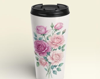Pink Rose Bouquet Travel Mug: 15oz Watercolor Floral Tumbler