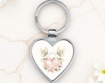 Magnolia Watercolor Heart Dove Keychain | Stainless Steel Love & Peace Keyring | Gift Keepsake