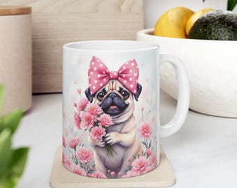 Pug Floral Watercolor Art Mug, Pink Bow Dog Coffee Cup (11oz & 15oz)