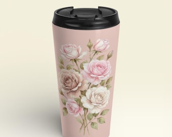 Peach Rose Travel Mug: 15oz Watercolor Nude Floral Tumbler