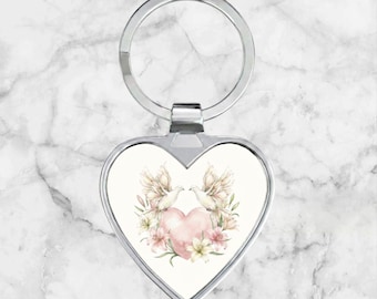 Lily Watercolor Heart Dove Keychain | Stainless Steel Love & Peace Keyring | Gift Keepsake