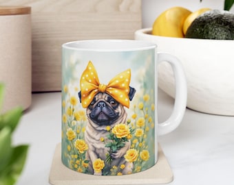 Pug Floral Watercolor Mug, Yellow Rose Dog Art Coffee Cup (11oz & 15oz)