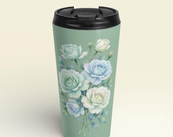 Sage Green Rose Travel Mug: 15oz Watercolor Mint Floral Tumbler