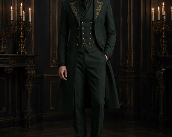 Smaragdgrüner gotischer Hochzeitsanzug für Herren, viktorianischer Frack, luxuriöses Steampunk-Bräutigam-Outfit, aristokratischer Festmantel
