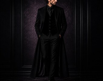 Handmade Gothic Victorian Long Coat, Black Aristocrat Tailcoat, Dark Academia Overcoat
