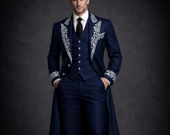Luxury Gothic Victorian Wedding 3 Piece Suit – Royal Blue Embroidered Tailcoat Tuxedo for Men
