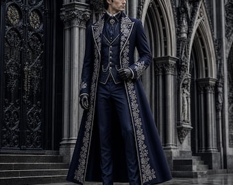 Men Gothic Victorian Tailcoat Navy Blue Embroidered Long Coat, Medieval Prince Jacket, Regency Wedding Formal Costume Cape Coat