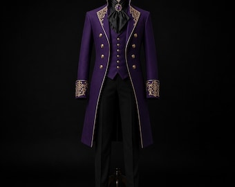 Mens Purple Gothic Victorian Tailcoat Prince Coat, Regency Wedding Jacket, Medieval Embroidered Long Coat, Fantasy Cosplay Outfit