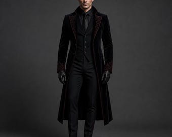 Black gothic Victorian Wedding Coat for men, Luxury vampire groom outfit, steampunk formal coat, elegant gothic wedding suit