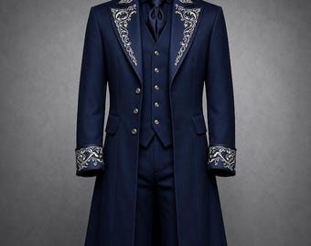 Mens Gothic Victorian Coat for Men,  Embroidered Wedding Tailcoat, Aristocrat long Coat, Gothic Groom Outfit, Cotton Trench Coat