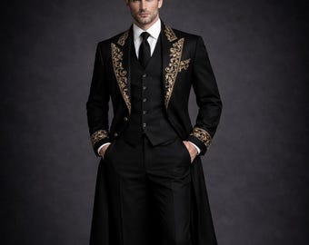 Men's Gothic Wedding Suit, Victorian Tailcoat, Wedding Tuxedo Suit, Embroidered Groom Long Coat, Steampunk Formal Suit