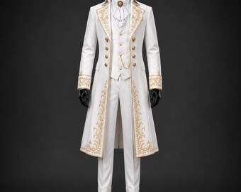 Handmade Luxury Gothic Wedding Suit, Gold Embroidered Tailcoat, Steampunk White Groom Suit, Aristocrat coat, Masquerade outfit