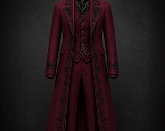 Handmade Burgundy Gothic Wedding Coat For Men, Victorian Tailcoat, Black Embroidered Coat, Steampunk Groom Outfit, Aristocrat 3 piece Suit