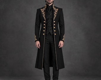 Black Prince Suit for Men, Victorian Tailcoat, Gold Embroidered Wedding Suit, Gothic Formal Wear