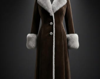Brown Velvet Fur Coat for Women – Long Winter Gothic Trench Coat, Vintage Evening Dress Coat