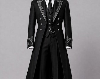 Black Gothic Victorian Wedding Tailcoat for Men, Luxury Embroidered Formal Suit, Aristocrat Steampunk Groom Coat, Vampire Wedding Outfit