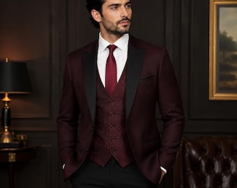 Luxury Burgundy & Black 3 Piece Tuxedo Suit for Men – Premium Wedding and Formal Blazer Set