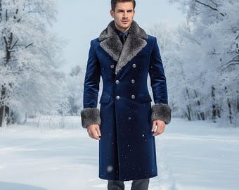 May include: A long, double-breasted, navy blue velvet coat with a faux fur collar and cuffs. The coat has silver buttons and is worn over a dark shirt and tie. The background is a snowy winter scene.