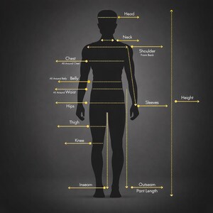 K&ouml;nnte beinhalten: Eine schwarze Silhouette einer Person mit gelben Ma&szlig;angaben f&uuml;r die Schneiderei. Beschriftungen umfassen Kopf, Hals, Brust, Taille, H&uuml;fte, Oberschenkel, Knie, Schrittl&auml;nge, &Auml;rmel und H&ouml;he. Der Hintergrund ist dunkelgrau.